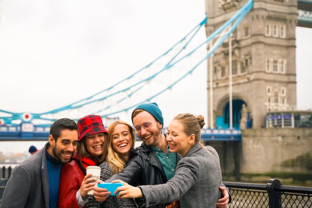 Group of friends taking selfie in London