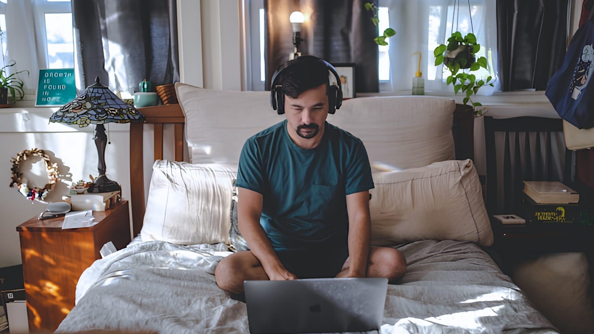 Student on a laptop on his bed