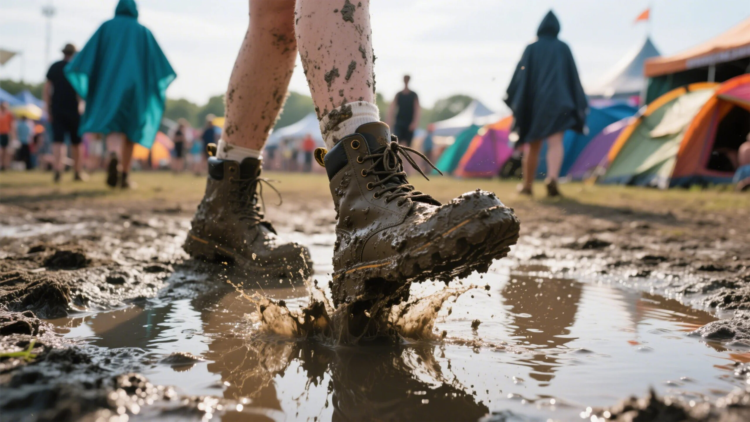 Man’s Boots Covered in Thick Mud During Wet Music Festival with Tents in Background