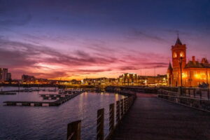 A view of Cardiff Bay at sunset