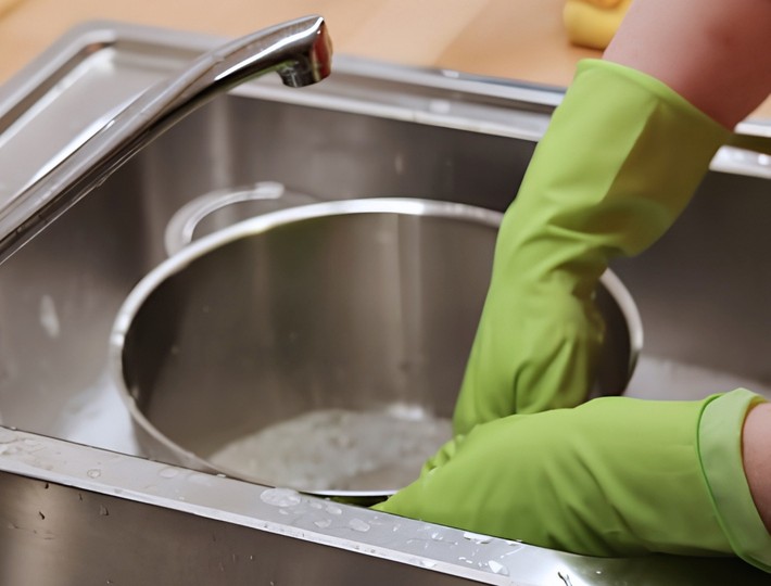 A housemate washing up a pan in the sink